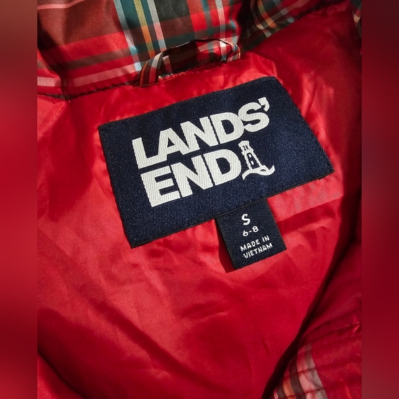 Lands' End Red Tartan Plaid Collared Puffer Zipper Vest Size Small 6/8 - Picture 7 of 8